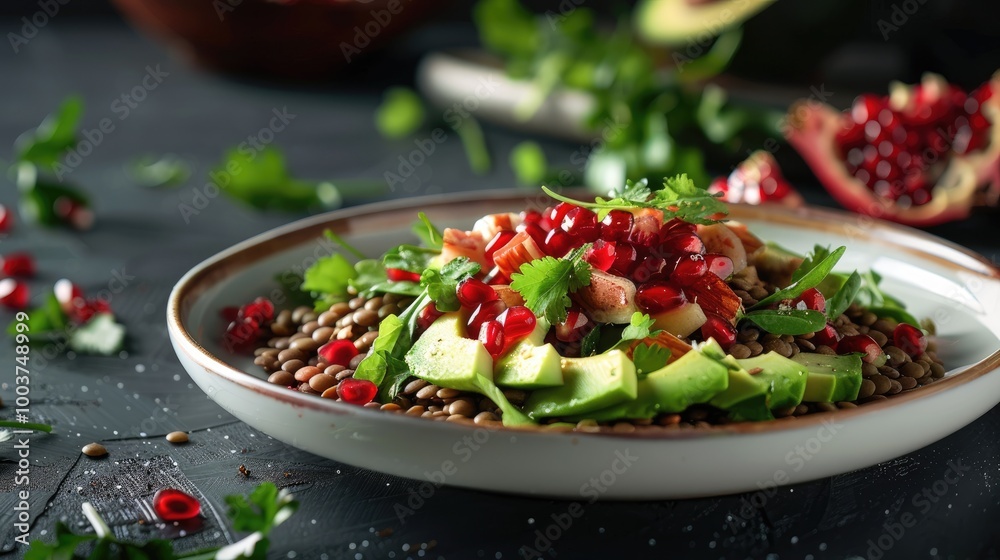 Poster plate with salad with lentils avocado and pomegranate on the table