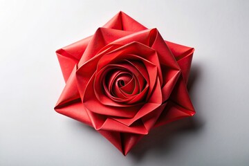 Abstract closeup of a romantic red paper origami rose flower as seen from a bird s eye view, abstract, origami, closeup, detailed, love, bird's eye view, craft, paper, romantic