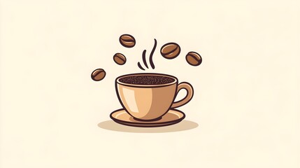 a simple illustration of a coffee cup on a saucer. The cup is filled with coffee, and there are steam lines rising from it, indicating that the coffee is hot. 