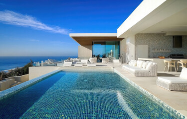 Modern mansion with a large pool and outdoor kitchen