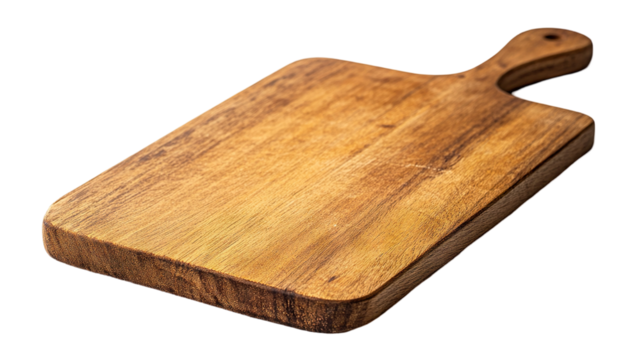 Rustic wooden cutting board, isolated on transparent cutout background