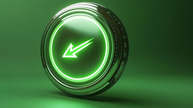 Round and silver button with a green glowing reply all email symbol is standing on a green background. This footage is ideal for chroma keying