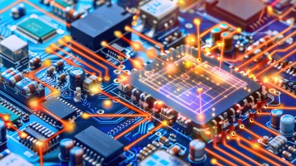 Obraz premium Detailed Circuit Board with Vibrant Network Connections