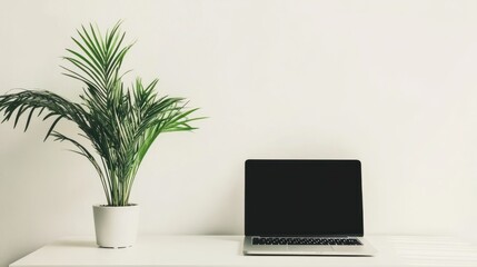 Minimalist Workspace with Laptop and Palm Tree