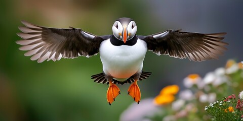 Obraz premium A bird with orange feet is flying in the air. The bird is black and white