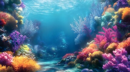 Fototapeta premium a vibrant underwater scene filled with colorful coral reefs. The corals are in various shades of orange, pink, purple, and yellow, creating a lively and diverse underwater landscape. 