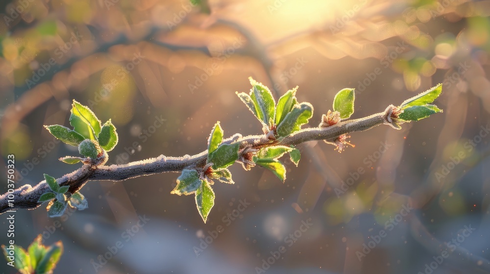 Poster Branch of small tree with growth of green leaves at end with frost and ice reflecting the sunlight