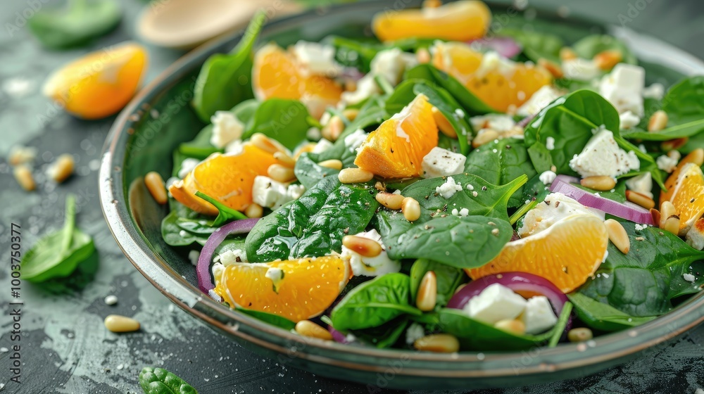 Aufkleber fresh spinach salad with oranges feta ricotta cheese red onion and pine nuts