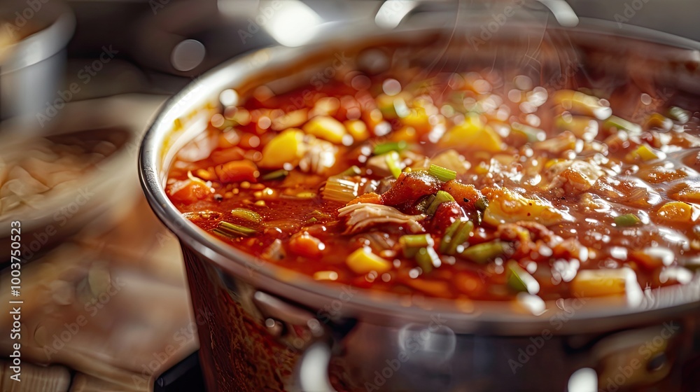 Poster brunswick stew stew with vegetables on chicken broth and barbecue sauce with seasonings close up in 