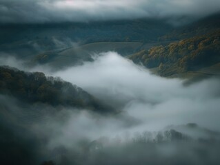 Obraz premium Thick Fog Rolling Across a Quiet Valley