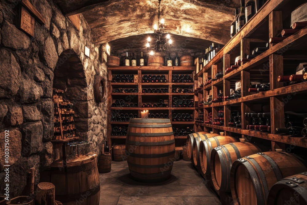 Poster Explore a rustic wine cellar showcasing wooden barrels and shelves stocked with an impressive array of wine bottles. Generative AI