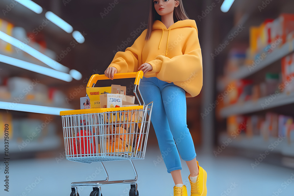 Canvas Prints A woman in a yellow hoodie, blue jeans, and yellow shoes holding a shopping cart filled with items, posing indoors.