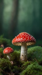 Serene forest scene with two Amanita muscaria mushrooms in the foreground