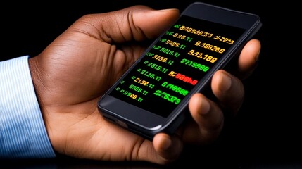 The Pulse of the Market: A close-up of a hand holding a smartphone displaying a dynamic stock market ticker, the green and red numbers pulsating with the energy of financial trading.
