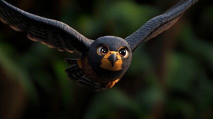 Brave Little Bird: A cartoon-style black and orange falcon soars through the air, its eyes wide with determination, in a digitally rendered illustration showcasing the spirit of adventure and courage.