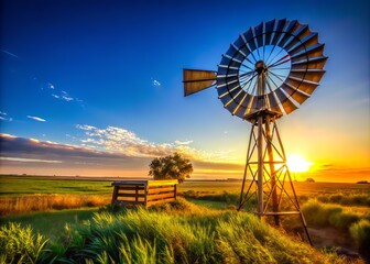 Beneath a clear blue sky, a charming windmill graces an idyllic farmland at sunrise, where golden rays illuminate