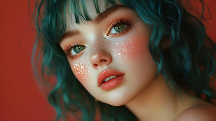 Sparkling Green Hair and Freckles: A Close-Up Portrait