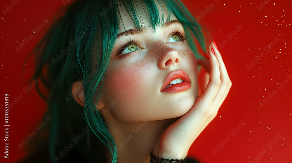 Poster Green Hair, Red Background, Dreamy Portrait Photography