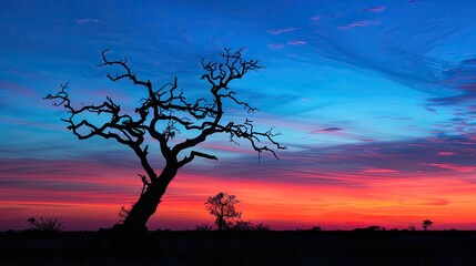 The tranquillity of twilight is beautifully captured in the form of a dry tree silhouette against the backdrop of a vibrant the sky