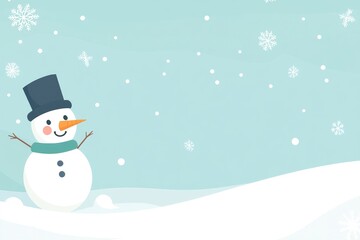 A snow covered landscape with a snowman in the foreground. The snowman is wearing a hat and scarf and has a smile on his face. Concept of winter wonder and joy