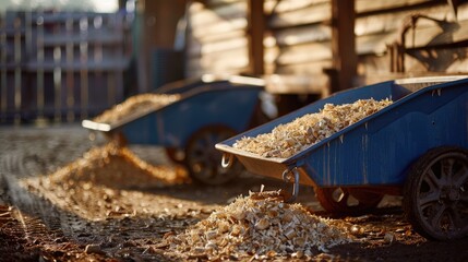 two blue rolling carts with wood shavings for farm animal bedding