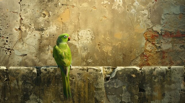 Green parrot climp on an ancient wall