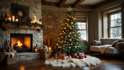 A beautifully decorated Christmas tree next to a warm fireplace in a winter setting.