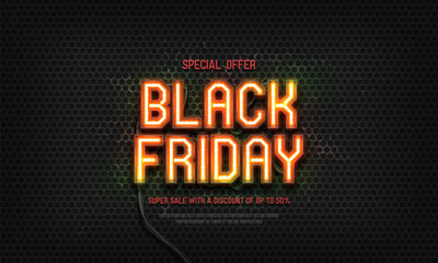 Obraz premium Black Friday neon sign. Promotion sale poster with neon lighting on dark background. Vector illustration.