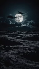 Aerial view of barren rocky landscape under a full moon with a calm body of water