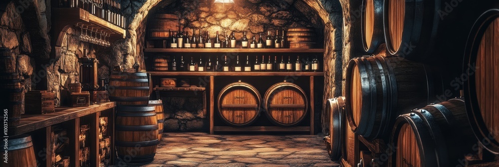 Poster Elegant wine cellar featuring wooden barrels and neatly arranged bottles in a rustic stone setting. Generative AI