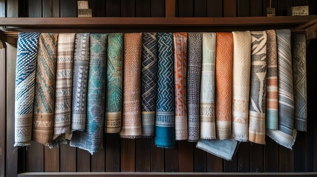 Thai Mudmee fabric with intricate geometric designs, created through ancient handweaving techniques