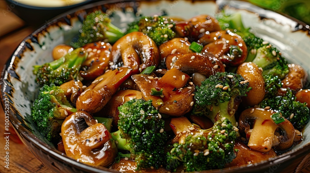Aufkleber stir fried king king king mushroom and broccoli with butter and soy sauce