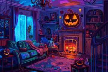 Naklejka premium A cozy Vintage Halloween-themed room illuminated with neon lights, glowing pumpkins, a warm fireplace, and spooky decor. Perfect festive atmosphere.
