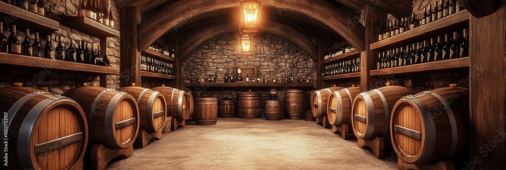 Poster explore a traditional wine cellar with wooden barrels and shelves filled with premium wine bottles i