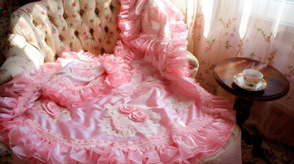 Elegant Pink Ruffled Fabric Draped on Vintage Sofa
