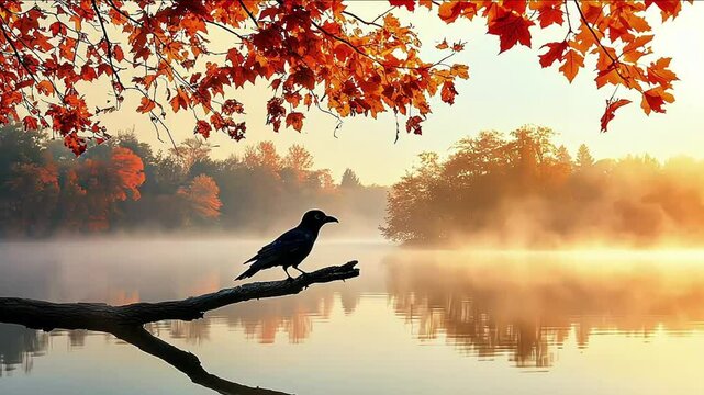 A curious bird sat on a leafy tree, viewing a peaceful lake where its reflection shimmered