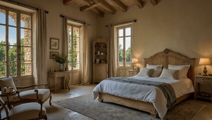 A bright, spacious bedroom styled in Provence features a wooden bed, large windows, and charming decor.