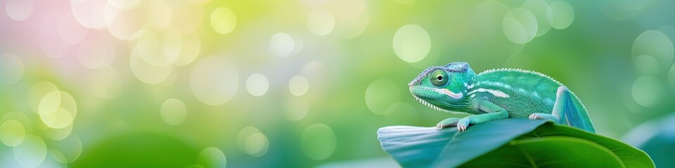 Close up chameleon, wide panoramic banner or header with copy space.