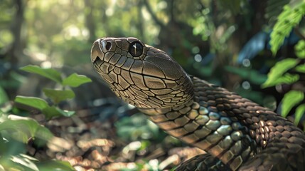 Obraz premium an ophiophagus hannah or king cobra is standing and guarding the surrounding area in the forest