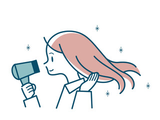 ドライヤーで髪を乾かす若い女性のイラスト