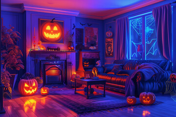 Fototapeta premium A cozy Vintage Halloween-themed room illuminated with neon lights, glowing pumpkins, a warm fireplace, and spooky decor. Perfect festive atmosphere.