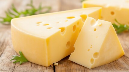 Close up delicious yellow cheese on rustic wooden background.