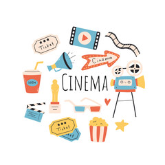 Set of cinema elements. Vector illustration. Flat style. Collection of hand drawn cinema elements.