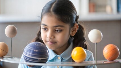 Indian Schoolgirl Studying Planets or Planetary Science with a 3D Model of Our Solar System






