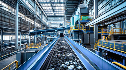 A modern recycling complex processes waste materials on an iron belt amidst steel structures and a striking blue metal ceiling