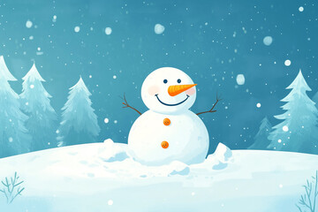 Fototapeta premium Snowman building a snow castle with a carrot nose and buttons. Flat style cartoon.