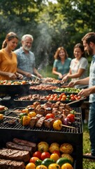 A busy barbecue grill scene with various meats and veggies cooking, with guests enjoying the day.