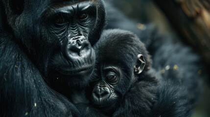 Fototapeta premium Wild mountain gorilla mother with baby in the nature habitat Very rare and endangered animal close up African wildlife Big and charismatic creature Mountain gorillas Gorilla beringei beringei