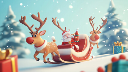 Fototapeta premium Reindeer pulling a sleigh with gifts. cartoon illustration.