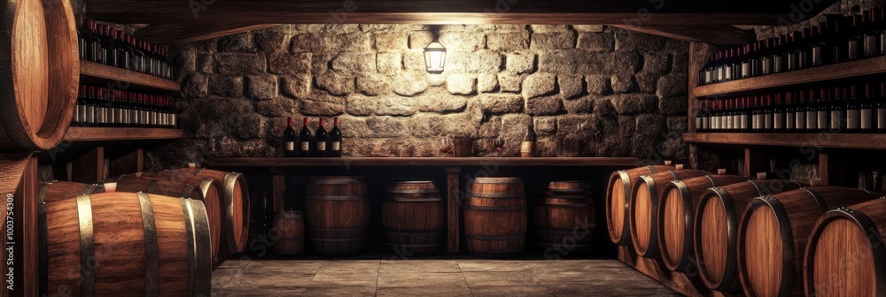 Poster discover the charm of a rustic wine cellar filled with wooden barrels and shelves of carefully store